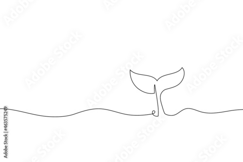 Fototapeta Naklejka Na Ścianę i Meble -  Continuous one line drawing whale. Abstract hand drawn whale tail with ocean by one line. Minimalist black line sketch on white. Fashionable trend vector World Whale Day illustration with copy space
