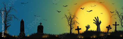 Halloween zombie hands in front of full moon