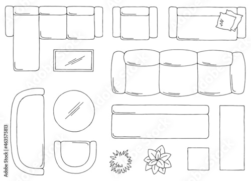 Furniture set floor plan architect design element graphic coloring top sketch aerial view isolated illustration vector 