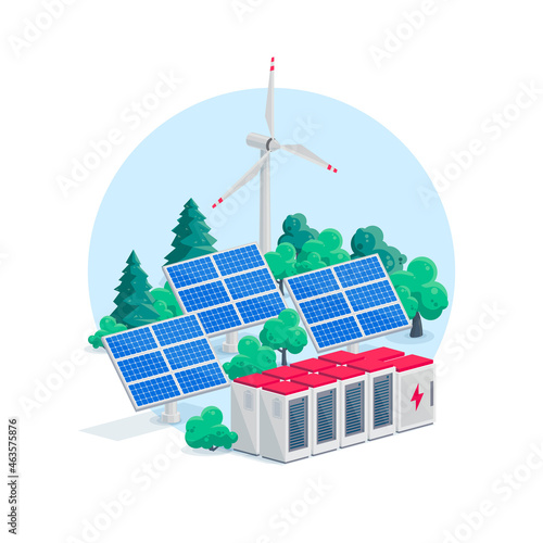 Renewable energy electric power station smart network system. Isolated vector illustration of photovoltaic solar panels, wind turbines and lithium-ion battery energy storage for off-grid backup.