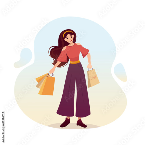Modern girl with shopping, vector illustration 