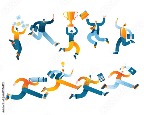 Successful characters have fun jumping or running. Vector illustration in a flat style on the success of teamwork.