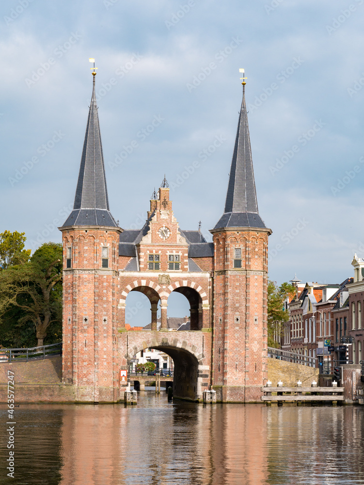 Waterpoort, water gate, and Kolk canal in city of Snits, Sneek in Friesland, Netherlands