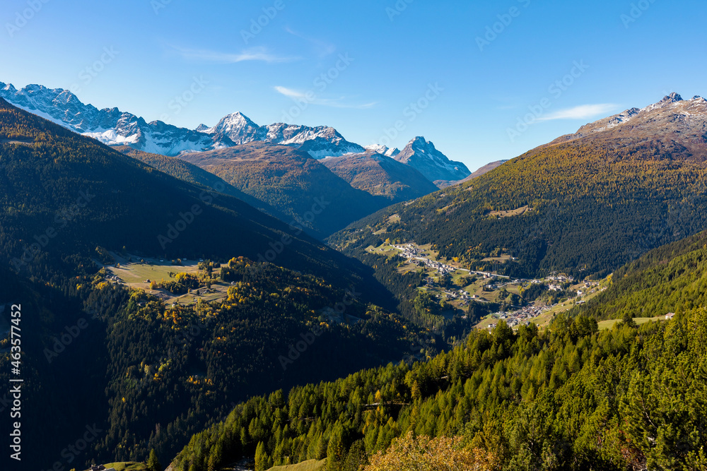 view of the Valdidentro from the towers of Fraele in Valtellina, Italy