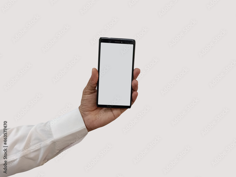 Black mobile smartphone mockup with blank screen isolated on white background. National technology day. Social media ad, product ad, apps ad