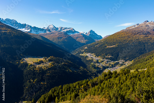 view of the Valdidentro from the towers of Fraele in Valtellina, Italy photo