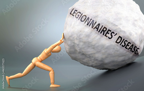 Depiction of Legionnaires disease shown a wooden model pushing heavy weight to symbolize struggle and pain when dealing with Legionnaires disease, 3d illustration photo