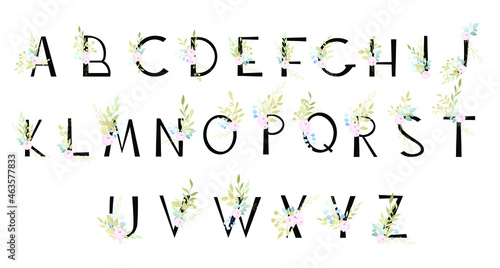 Alphabet, capital letters, decorated with a delicate bouquet. Set of flower arrangements for congratulations, wedding, invitations, anniversary.