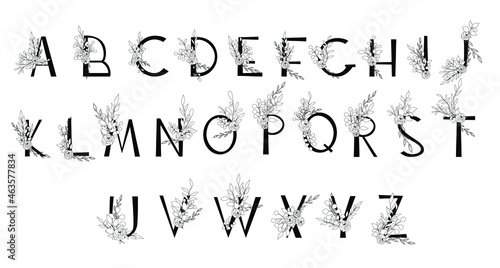 Alphabet, capital letters, decorated with a delicate bouquet. Set of flower arrangements for congratulations, wedding, invitations, anniversary.
