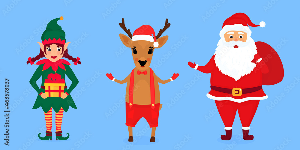 Christmas elf, Santa Claus and deer vector illustration