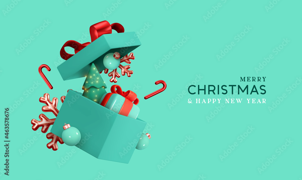 Christmas gifts box realistic 3d design. Xmas composition falling open blue gift boxes with festive decorative objects, Pine Tree, balls bauble. Happy new year holiday background. Vector illustration - obrazy, fototapety, plakaty 