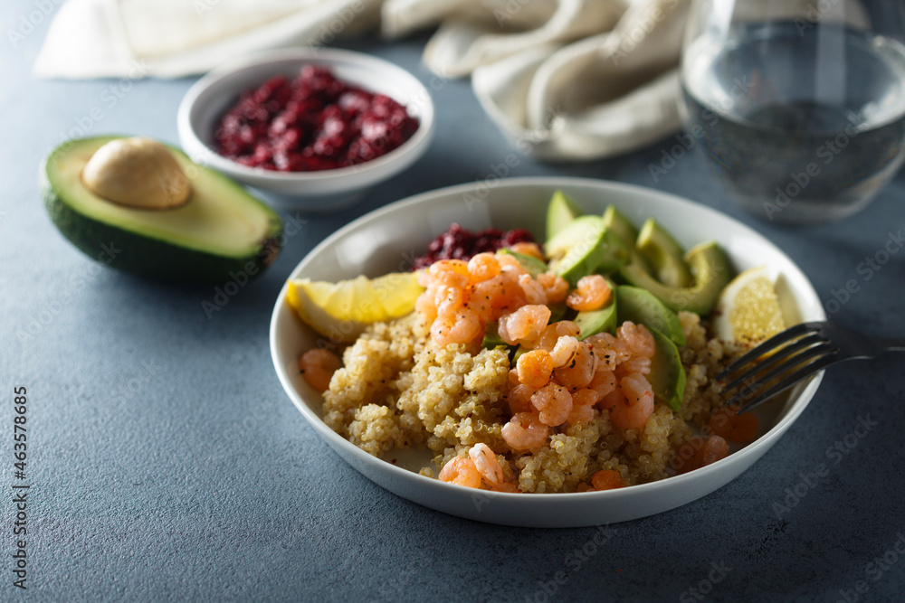 Healthy quinoa bowl with shrimps and avocado Healthy quinoa bowl with shrimps and avocado