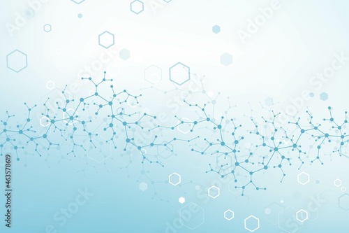 Scientific molecule background for medicine, science, technology, cybernetic, chemistry. Wallpaper or banner with a hex DNA molecules. geometric dynamic illustration.