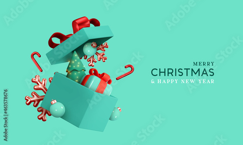 Christmas gifts box realistic 3d design. Xmas composition falling open blue gift boxes with festive decorative objects, Pine Tree, balls bauble. Happy new year holiday background. Vector illustration