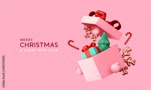 Christmas gifts box realistic 3d design. Xmas composition falling open pink gift boxes with festive decorative objects, Pine Tree, balls bauble. Happy new year holiday background. Vector illustration