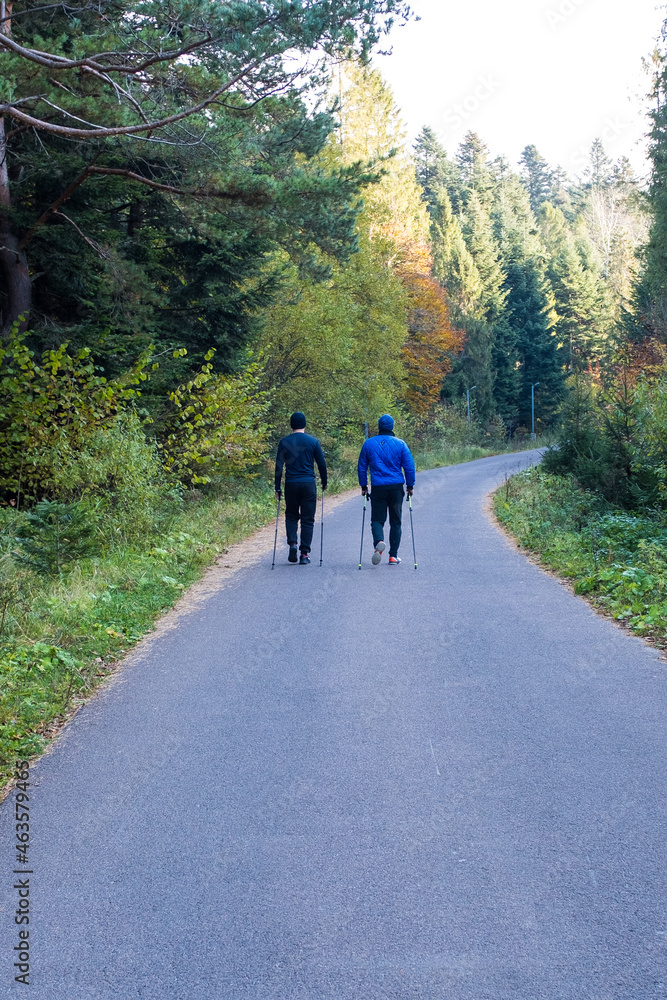 Two mans walking together on a forest road. Two mans walking together on a forest road.