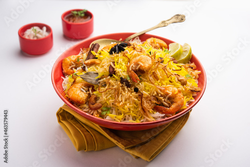 Tasty and delicious prawns biryani, jheenga pulav or shrimp pilaf photo