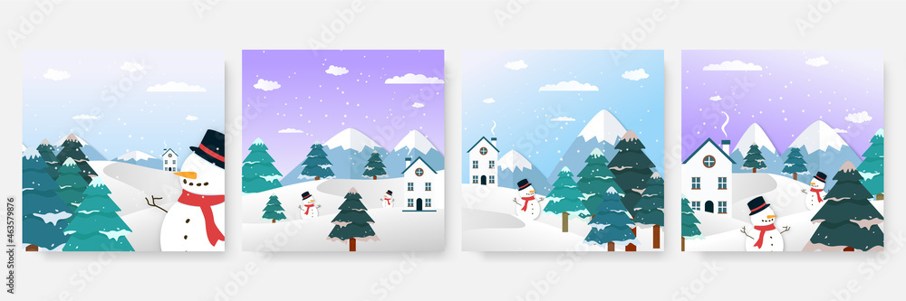 Winter christmas new year and end year sale square template for social media. Universal christmas winter card with snow, balloon, gift, tree, mountain, star, and snowflake, glitter, and snowman.