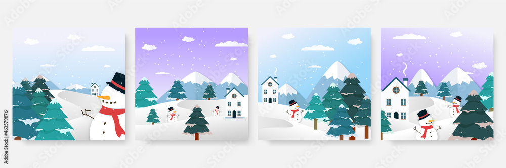 Winter christmas new year and end year sale square template for social media. Universal christmas winter card with snow, balloon, gift, tree, mountain, star, and snowflake, glitter, and snowman. Winter christmas new year and end year sale square template for social media. Universal christmas winter card with snow, balloon, gift, tree, mountain, star, and snowflake, glitter, and snowman.
