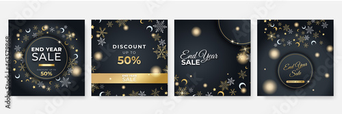 Winter christmas new year and end year sale square template for social media. Universal christmas winter card with snow, balloon, gift, tree, mountain, star, and snowflake, glitter, and snowman.