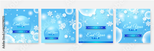 Winter christmas new year and end year sale square template for social media. Universal christmas winter card with snow, balloon, gift, tree, mountain, star, and snowflake, glitter, and snowman.
