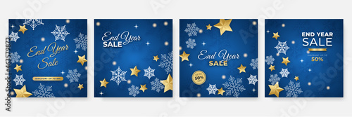 Winter christmas new year and end year sale square template for social media. Universal christmas winter card with snow  balloon  gift  tree  mountain  star  and snowflake  glitter  and snowman.