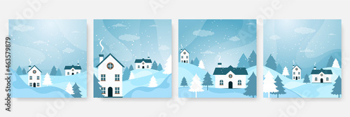 Winter christmas new year and end year sale square template for social media. Universal christmas winter card with snow, balloon, gift, tree, mountain, star, and snowflake, glitter, and snowman.