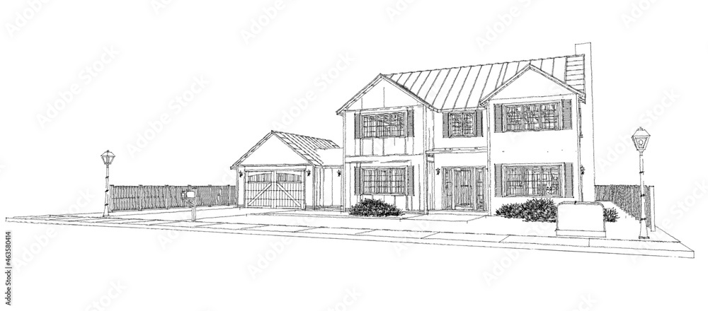 Modern beautiful house. Cottage design skech. 3D illustration.