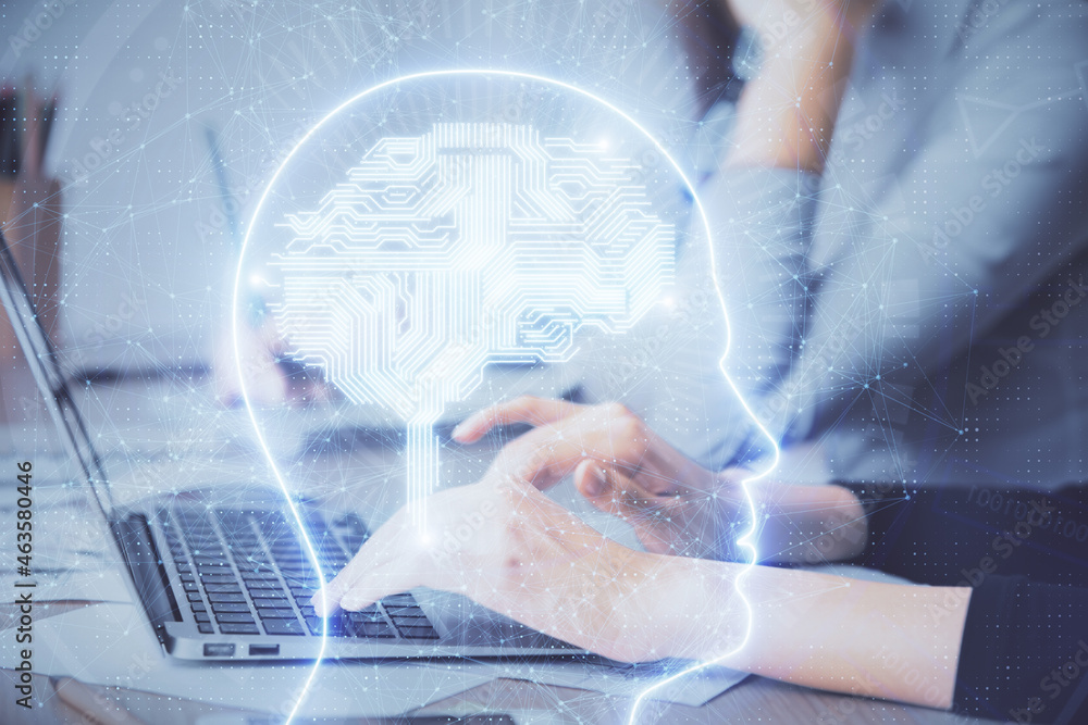 Multi exposure of woman hands working on computer and brain hologram drawing. Ai concept. Multi exposure of woman hands working on computer and brain hologram drawing. Ai concept.
