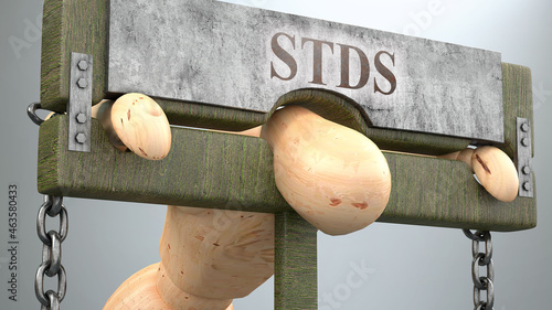 Stds impact and social influence shown as a figure in pillory to depict Stds's effect on human health and its significance and burden it brings to life, 3d illustration photo