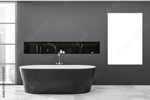 Dark bathroom interior with white empty poster, grey bathtub