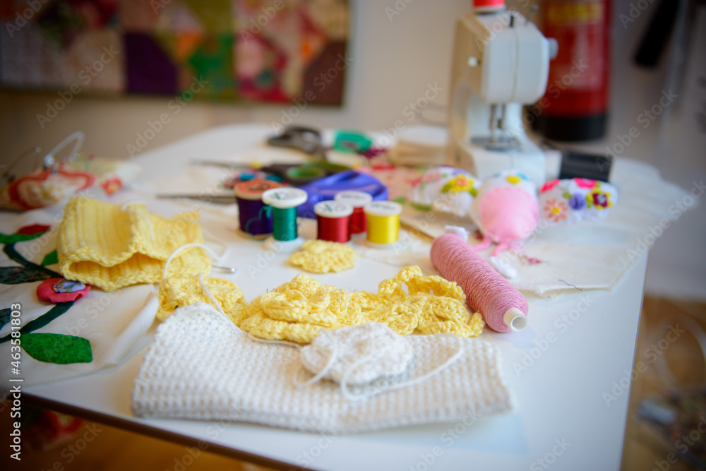 colorful threads on the table background colorful threads on the table background