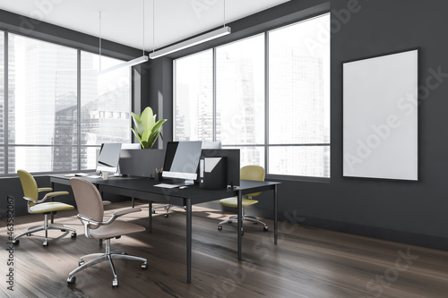 Business room interior with armchairs and computers near window, mockup poster