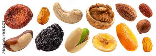 Fotografie Set of nuts and dried fruits isolated on white background