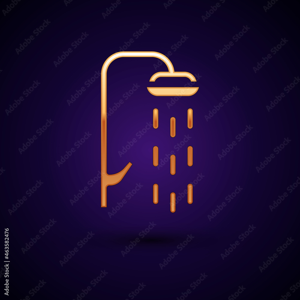 Gold Shower head with water drops flowing icon isolated on black background. Vector Gold Shower head with water drops flowing icon isolated on black background. Vector