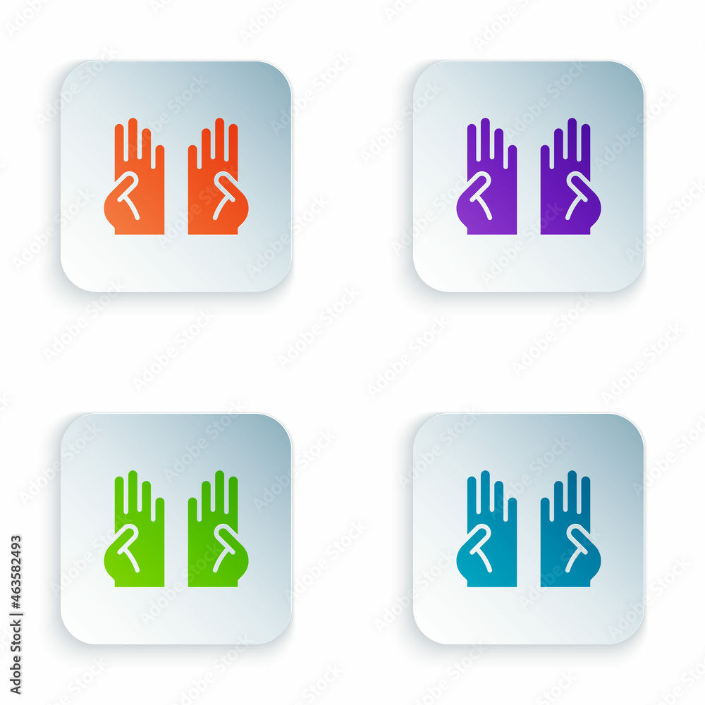 Color Rubber gloves icon isolated on white background. Latex hand protection sign. Housework cleaning equipment symbol. Set colorful icons in square buttons. Vector Color Rubber gloves icon isolated on white background. Latex hand protection sign. Housework cleaning equipment symbol. Set colorful icons in square buttons. Vector