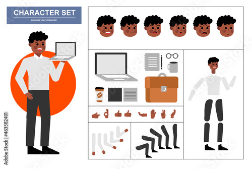 3\4 view animated characters. Office man character constructor with various views, face emotions, poses, gestures and office tools. Cartoon style, flat vector illustration