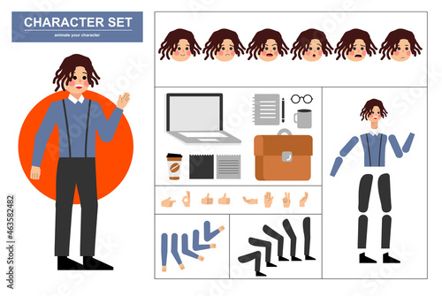 3\4 view animated characters. Office man character constructor with various views, face emotions, poses, gestures and office tools. Cartoon style, flat vector illustration