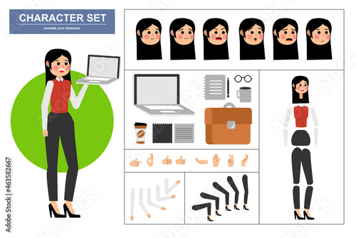 3\4 view animated characters. Office woman character constructor with various views, face emotions, poses, gestures and office tools. Cartoon style, flat vector illustration