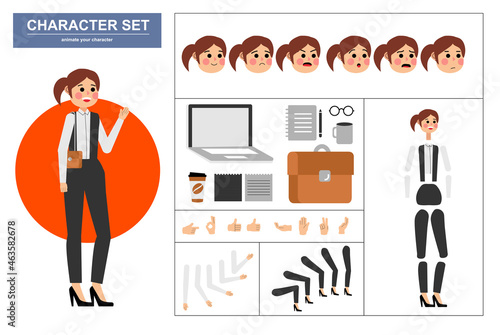 3\4 view animated characters. Office woman character constructor with various views, face emotions, poses, gestures and office tools. Cartoon style, flat vector illustration