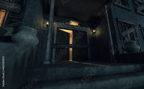 Front door entrance with a opened door of an spooky, abandoned and dilapidated manor with illuminated windows and  porch lights at dusk. 3D rendering.