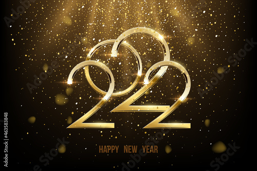 2022 Happy New Year greeting card, 2022 numbers with gold falling confetti decoration