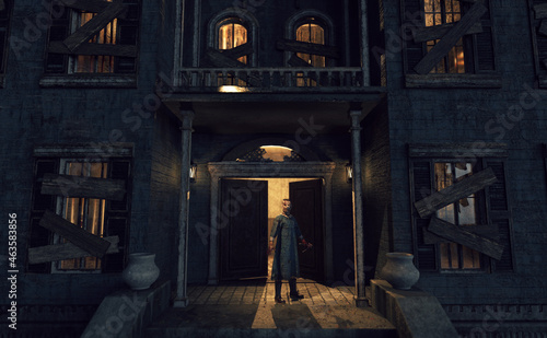 Terrifying bloody dark figure with bandages on his head stands in an illuminated portico in front of an open front door of a dilapidated and abandoned mansion at dusk. 3D render.