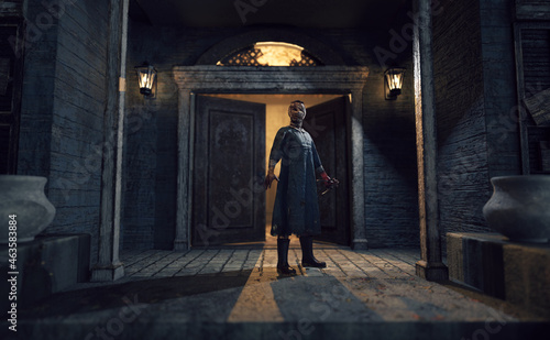 Terrifying bloody dark figure with bandages on his head stands in an illuminated portico in front of an open front door of a dilapidated and abandoned mansion at dusk. 3D render.