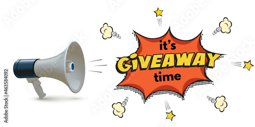 Megaphone with giveaway speech alert bubble, 3d megaphone and banner of pop art style