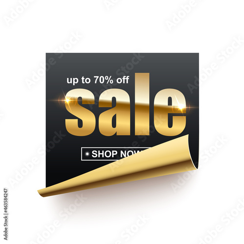Sale shiny gold word on black sticker with curled edge, 3d realistic advertising banner