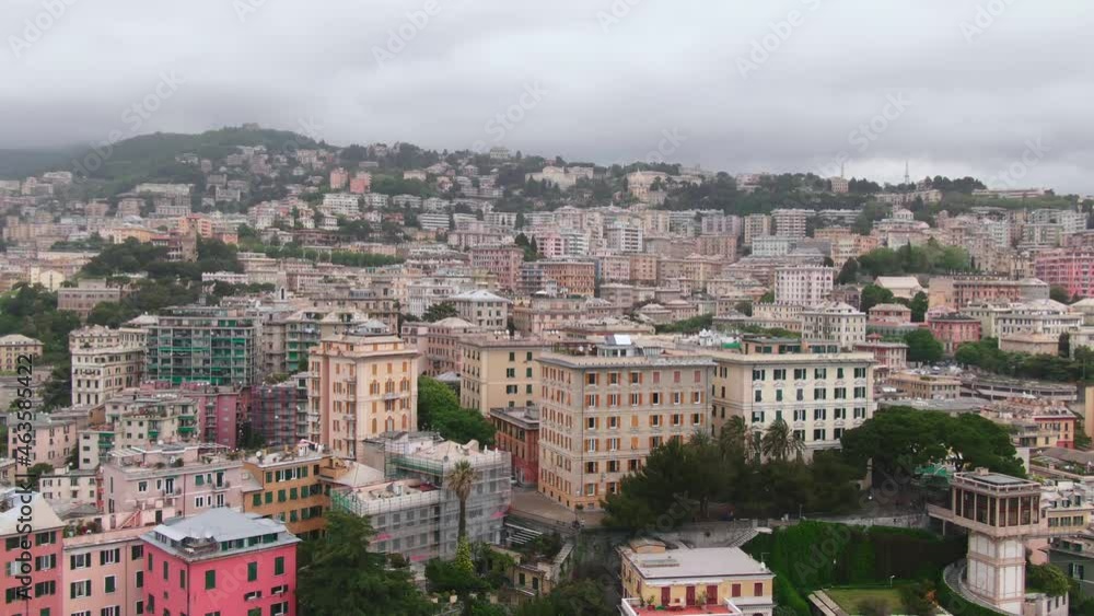 City of Genoa skyline on moody day, aerial cinematic dolly zoom effect view City of Genoa skyline on moody day, aerial cinematic dolly zoom effect view