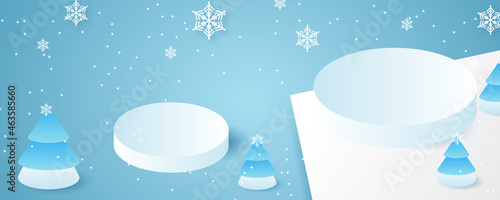 Blue winter christmas banner background with stage podium, snowflake, and palm tree. Christmas banner. Background Xmas design of sparkling lights garland, with realistic gifts box, black snowflake