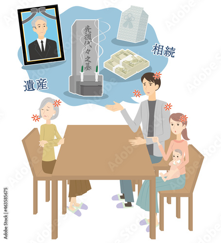 遺産や相続について言い争うシニア女性と息子家族