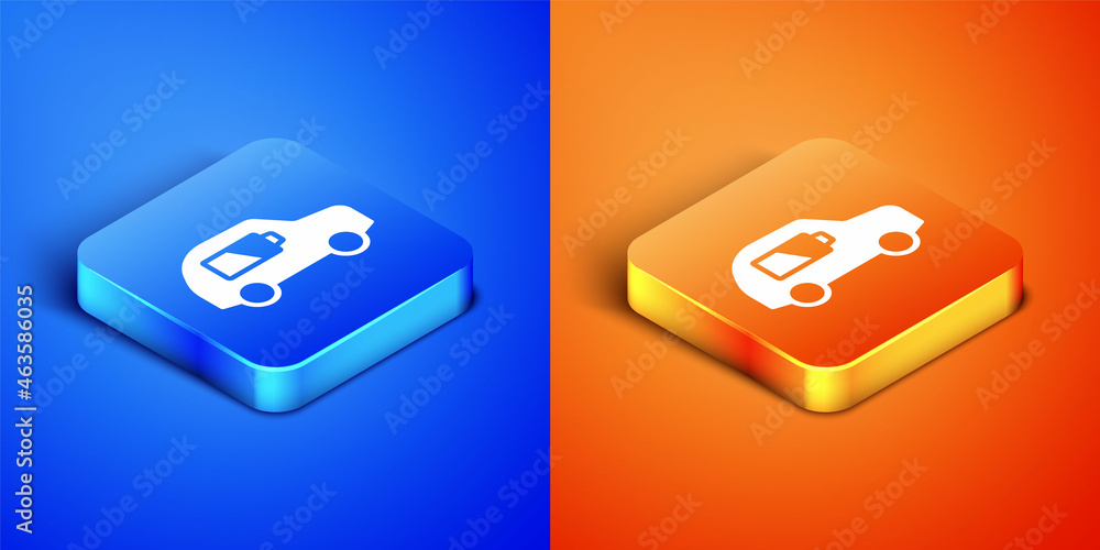 Isometric Electric car and electrical cable plug charging icon isolated on blue and orange background. Renewable eco technologies. Square button. Vector Isometric Electric car and electrical cable plug charging icon isolated on blue and orange background. Renewable eco technologies. Square button. Vector
